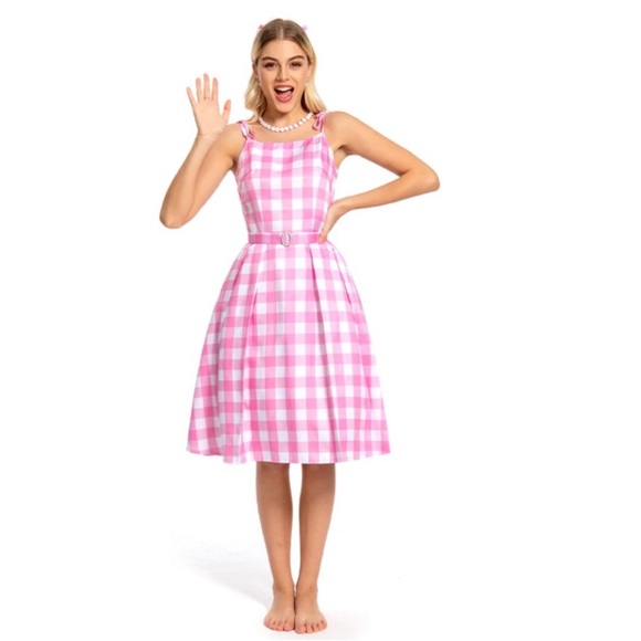 Margot Robbie Barbie The Movie Pink Plaid Dress and Accessories, Barbie Costume - Picture 7 of 9